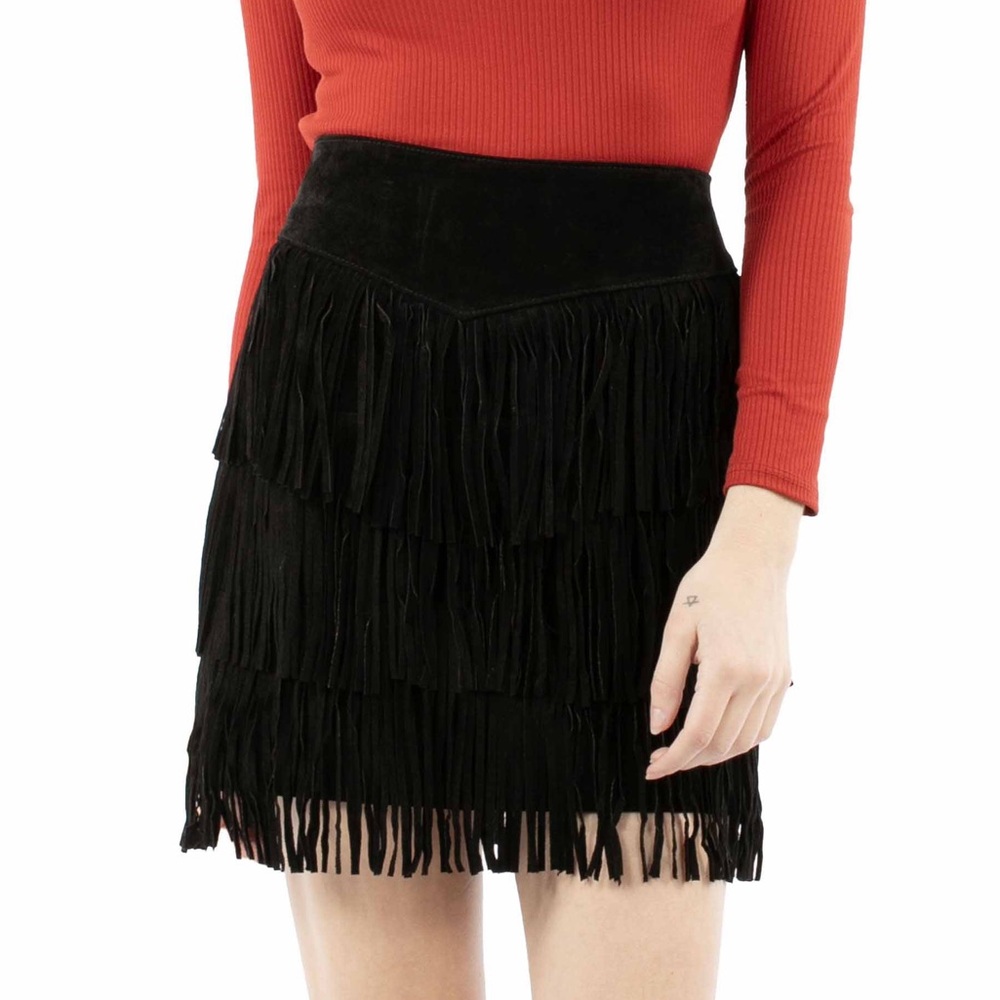 NWT Scully Tiered Suede Fringe Skirt in Black Size M
